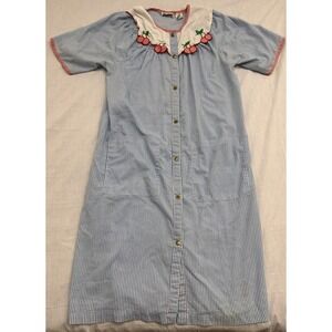 Kelly Reed  Robe Women's Small Blue Stripe Cherry Collar Button Front